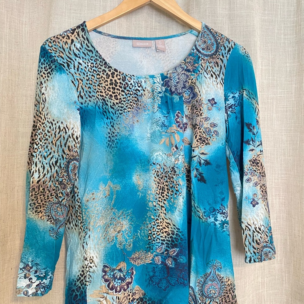 Chico's Blue and Brown Long Sleeve Tee